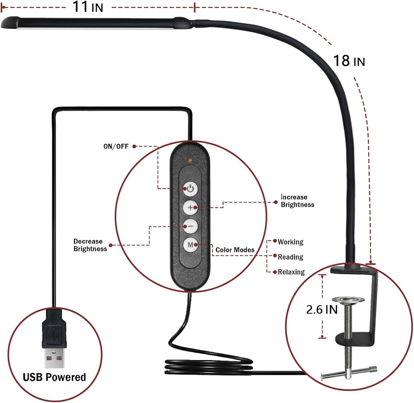 LED Desk Lamp with Clamp, Clamp Light with Adjustable Color Modes, Clip on Light with Long Flexible Gooseneck, Eye Care Lamp Clamp for Study, Work, Home, Office, Black, 12W