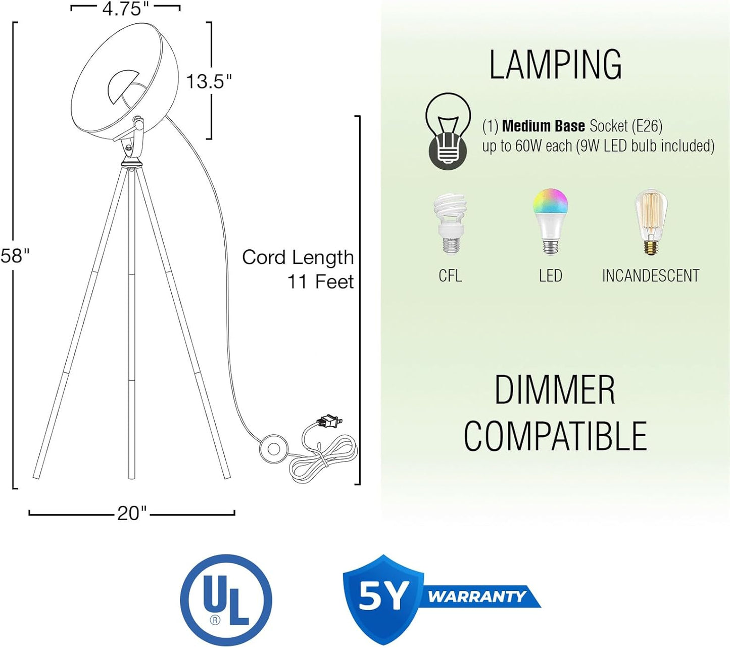 Kira Home Sulis 58" Modern Industrial Tripod LED Floor Lamp + 9W Bulb (Energy Efficient/Eco-Friendly), Leather Accent Legs, Satellite Style Shade, Black Finish
