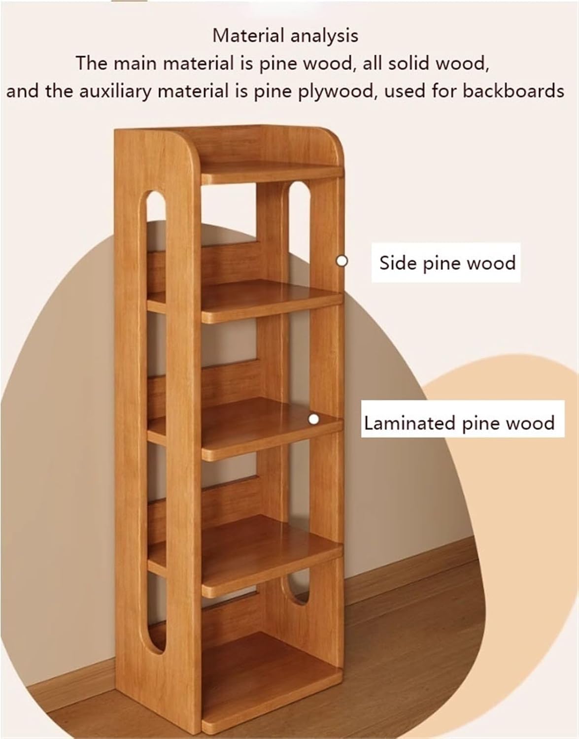 Modern Solid Wood 5-Tier Corner Bookshelf, Floor-Standing Narrow Bookcase for Living Room, Study & Office - Open Design, Minimalist Style Storage Solution (W43 cm)