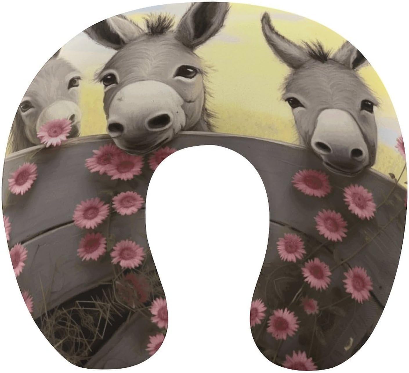 Donkey and Flower Neck Pillow Memory Foam U Shaped Pillows Portable Pillows for Shoulder Travel Head Support Pillow with Concealed Zipper for Airplane Car Home Office