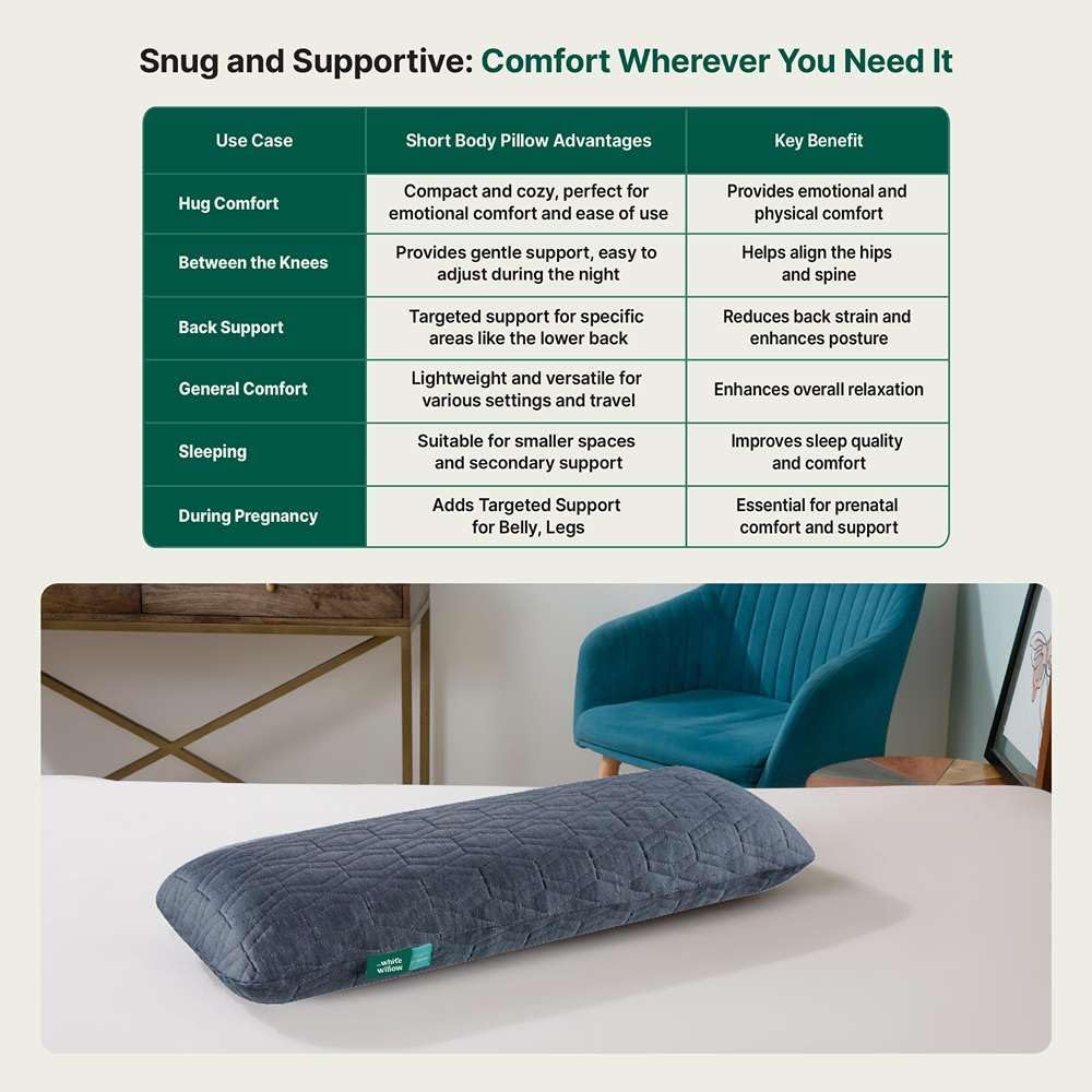 The White Willow Short Body Pillow Memory Foam Sleeping Soft Bed, Hug Pillow Insert for Sleeping & Side Sleeper (10W x 30L Inch) with Grey Zipper Cover Made from German Technology by BASF