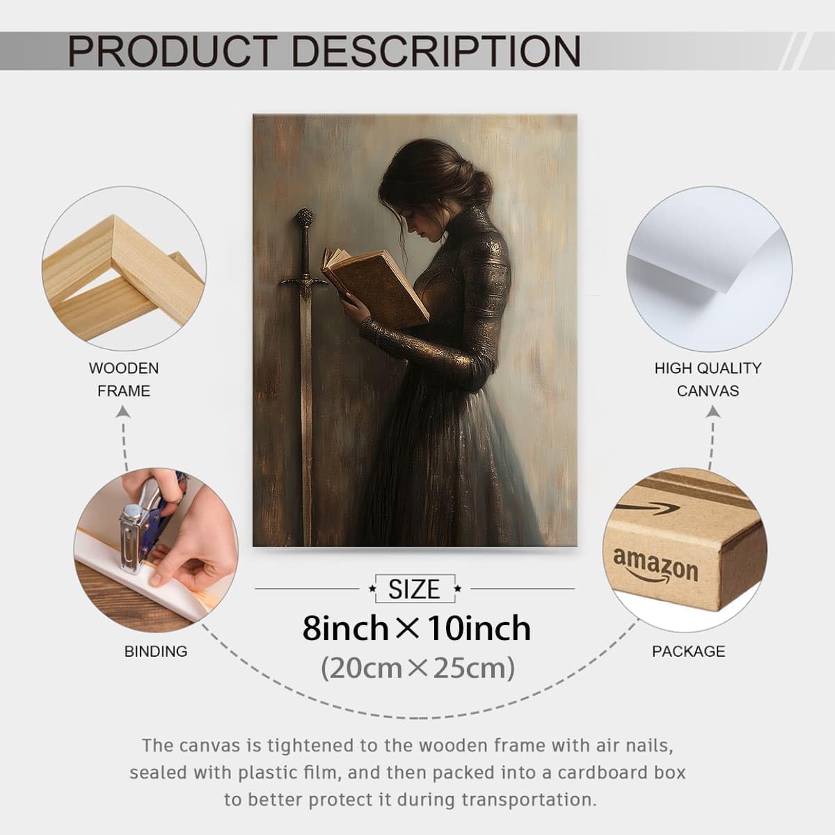 Framed Victorian Mid Woman Knight Reading Book Print Dark Academia Canvas Wall Art Vintage Gothic Library Art Poster Literary Gift 8x10inch for Book Lovers Study Room Decor Aesthetic