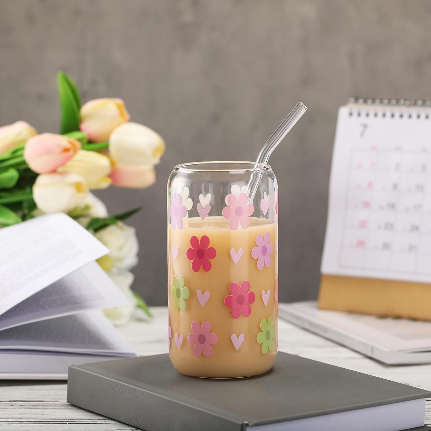4 Pcs Book Lover Glass Cups with Lid and Straw Christmas Gifts for Bookish 16 oz Drinking Glasses Iced Coffee Cups Can Shape Mug Tumbler for Christmas Women Men Birthday Party Favor Gift