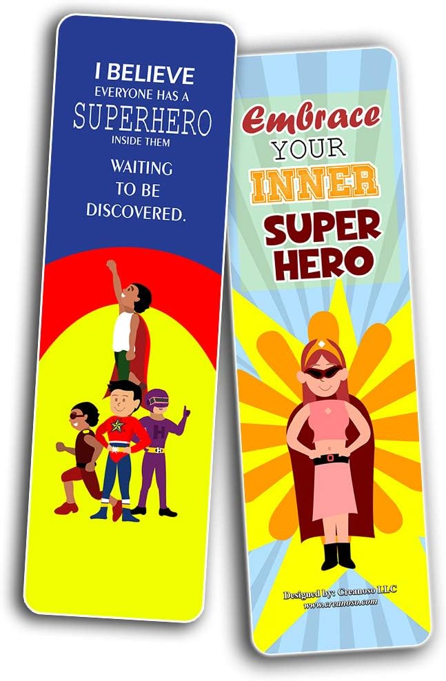 Creanoso Superhero Bookmarks for Kids (12-Pack) – Premium Gift Set – Awesome Bookmarks for Boys Girls – Six Bulk Assorted Bookmarks Designs – Unique Quality Cool Giveaways Collection Pack