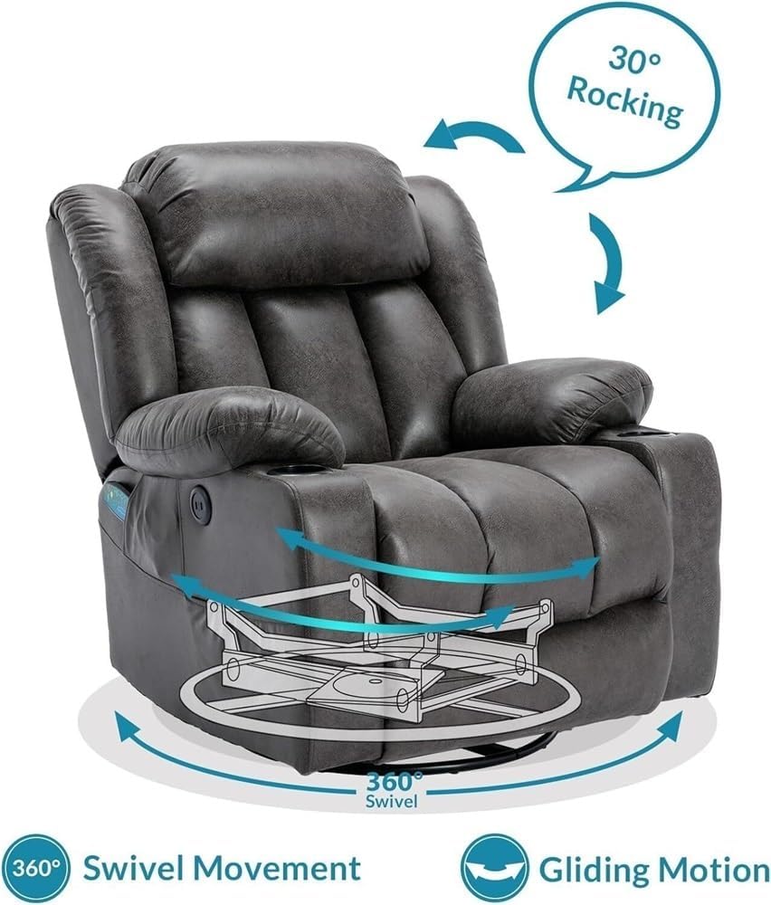 Power Swivel Glider Recliner with Lumbar Heat & Vibration Massage, Large Electric Rocking Chair with USB Ports, Cup Holder & Side Pockets – Home Theater Recliner for Living Room