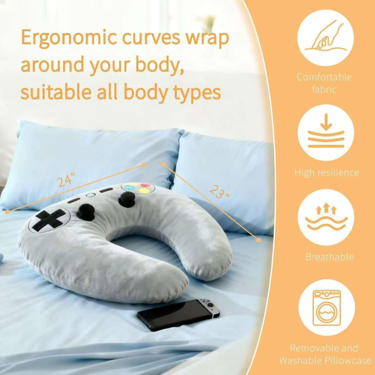 Gaming Pillow, Lap Desk Reading Pillow for Adults Teens, Arm Support Pillow for Sitting in Bed Sofa, Playing Steam Deck/Switch/Xbox/PS5, Gamer Gifts for Men Teenage Boy, Light Grey