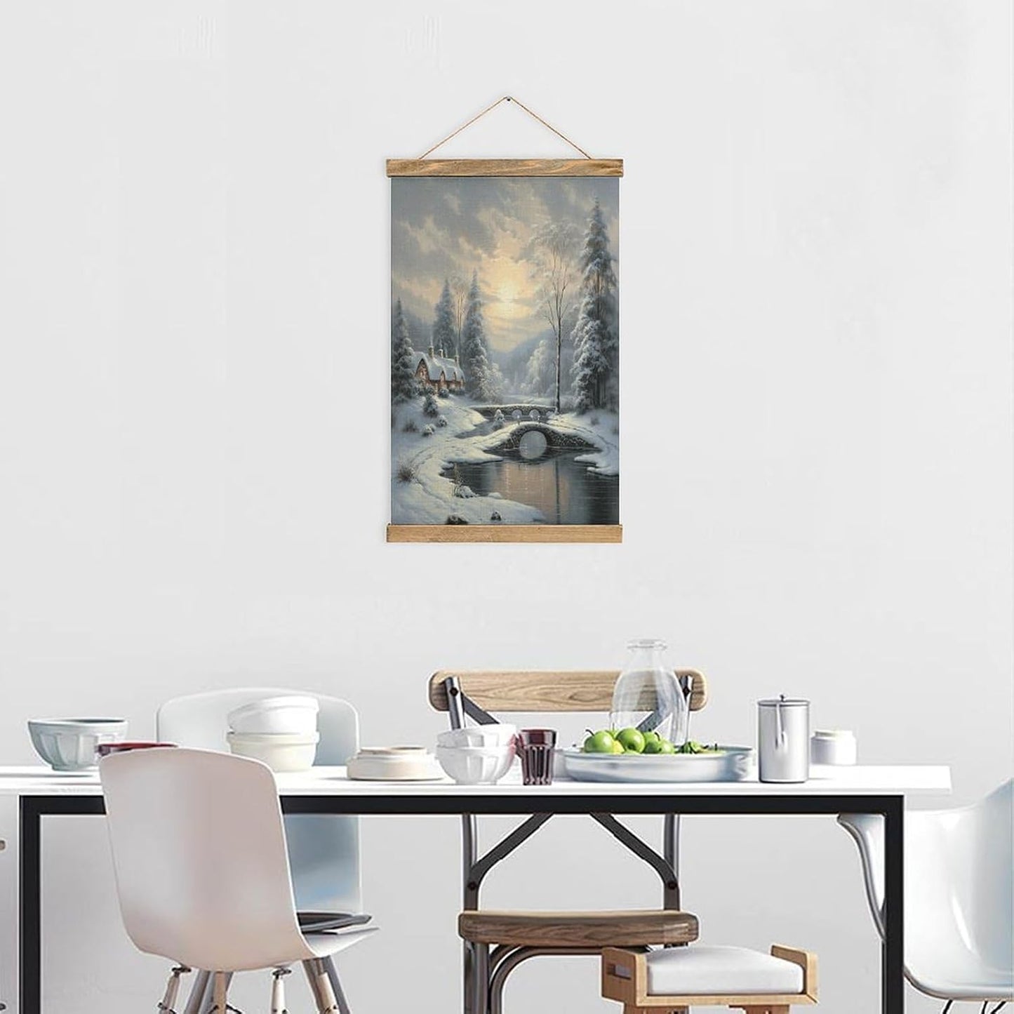 Vintage Winter Snow Scene Poster with Wooden Frame Personalized Linen Hanging Scroll Painting Rustic Wall Hanging Illustrative Modern Artwork Decor for Home Living Room Bedroom Office