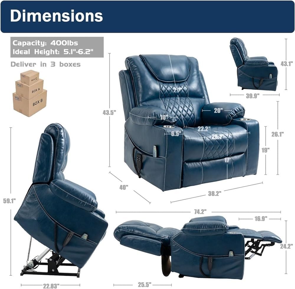 Dual Motor Power Lift Recliner Chair for Elderly Adults, Comfortable 180° Lay Flat Blue Leather Reclining Sofa with Massage and Heat, Independent Back & Footrest