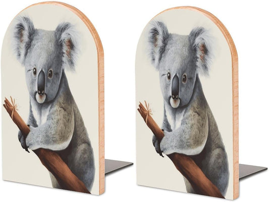 Koala and Butterfly Bookend for Shelves Wooden Book End Large Size Sturdy Book Holders Stoppers with Metal Base for Bookshelves Slick Decorative Bookends Stands