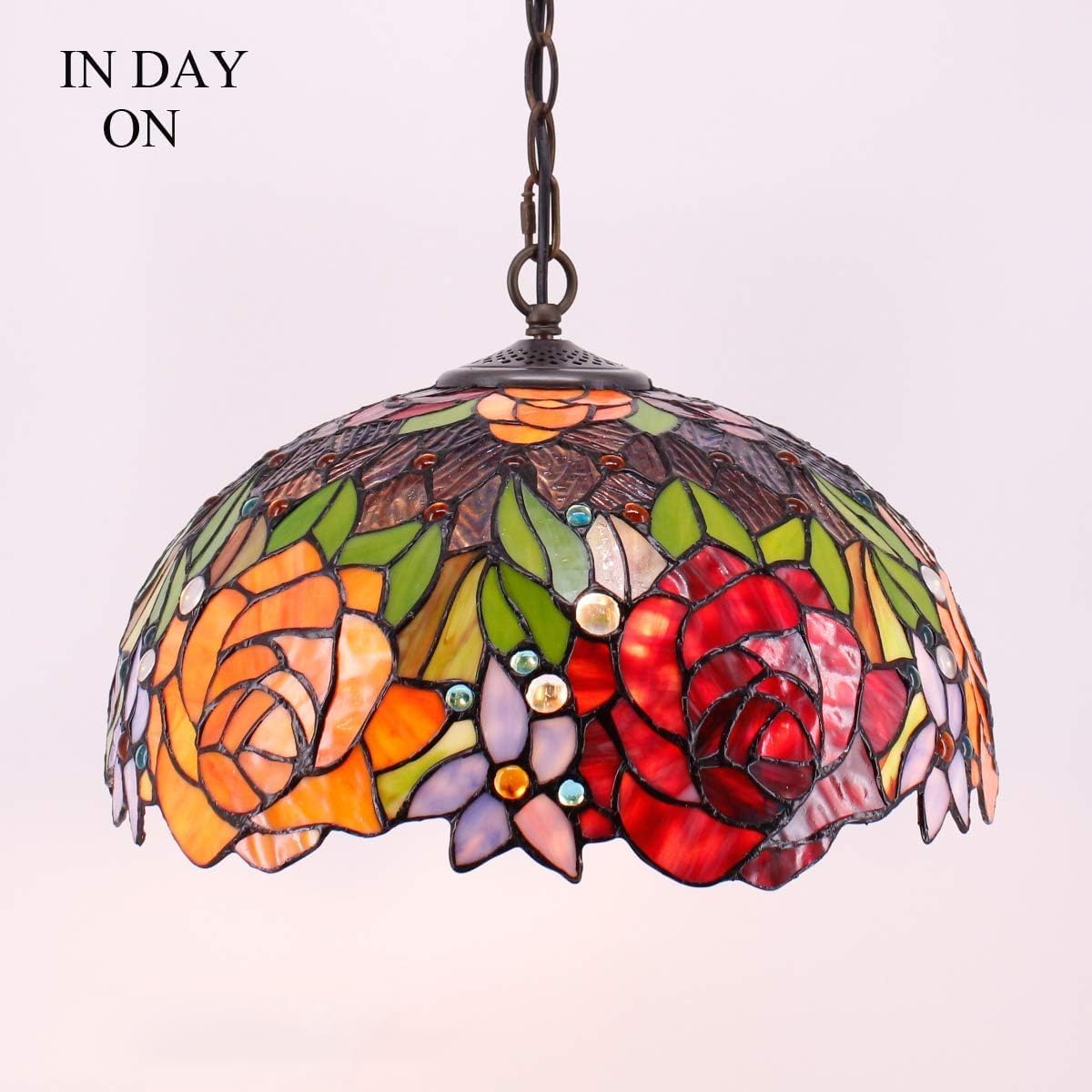 WERFACTORY Tiffany Pendant Light Fixture Red Yellow Rose Stained Glass Hanging Lamp Wide 16 Inch, Height 40 Inch S001 Series