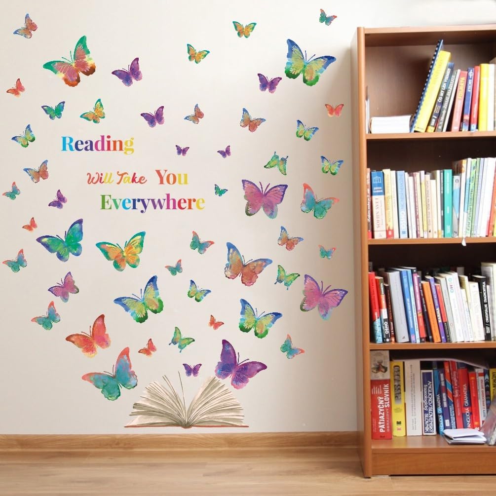 OLMIXA Colorful Butterfly Reading Book Wall Decal, Reading Will Take You Everywhere Inspirational Quote Stickers, Vinyl Butterfly Book Wall Art for Classroom Library Playroom Decor