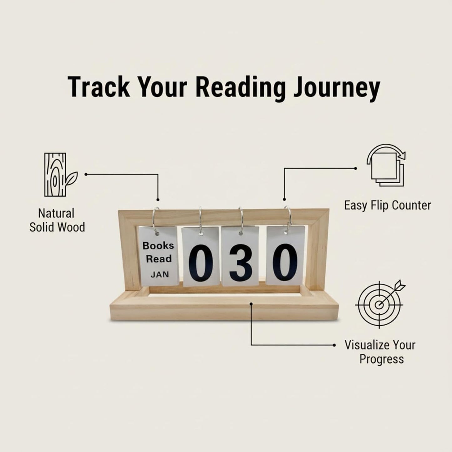 Wooden Books Read This Year Counter Tracker, Modern Style Library Decor Sign, Tabletop Display Stand This Month, Book Lover Gift for Librarian, Reader, Teacher, Women (Nature Wood)