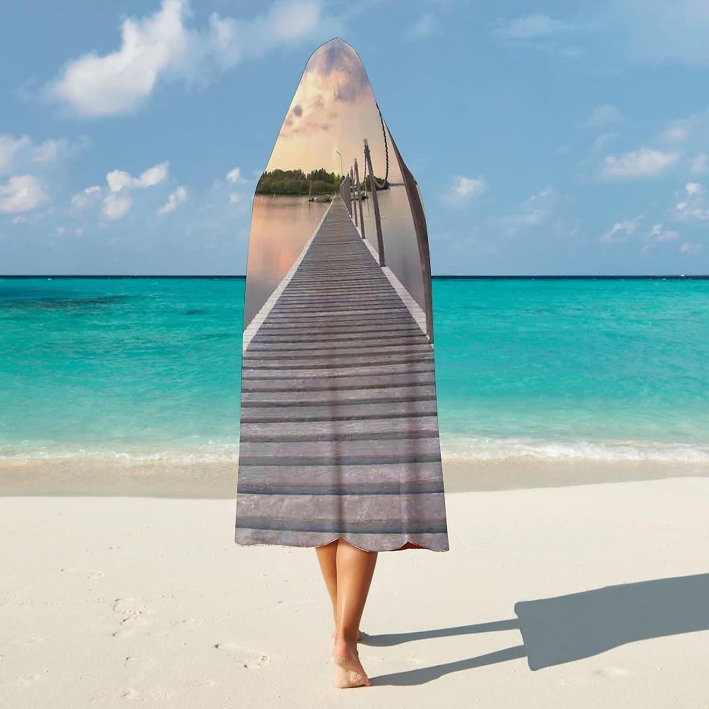 Throw Blankets, Ocean Wearable Hooded Blanket for Adults, Pontoon Jetty Pier Deck Across The Water at, Soft Warm Cozy, 50 x 60inches, Studying Reading Snuggling Napping Office, Aqua Grey Peach