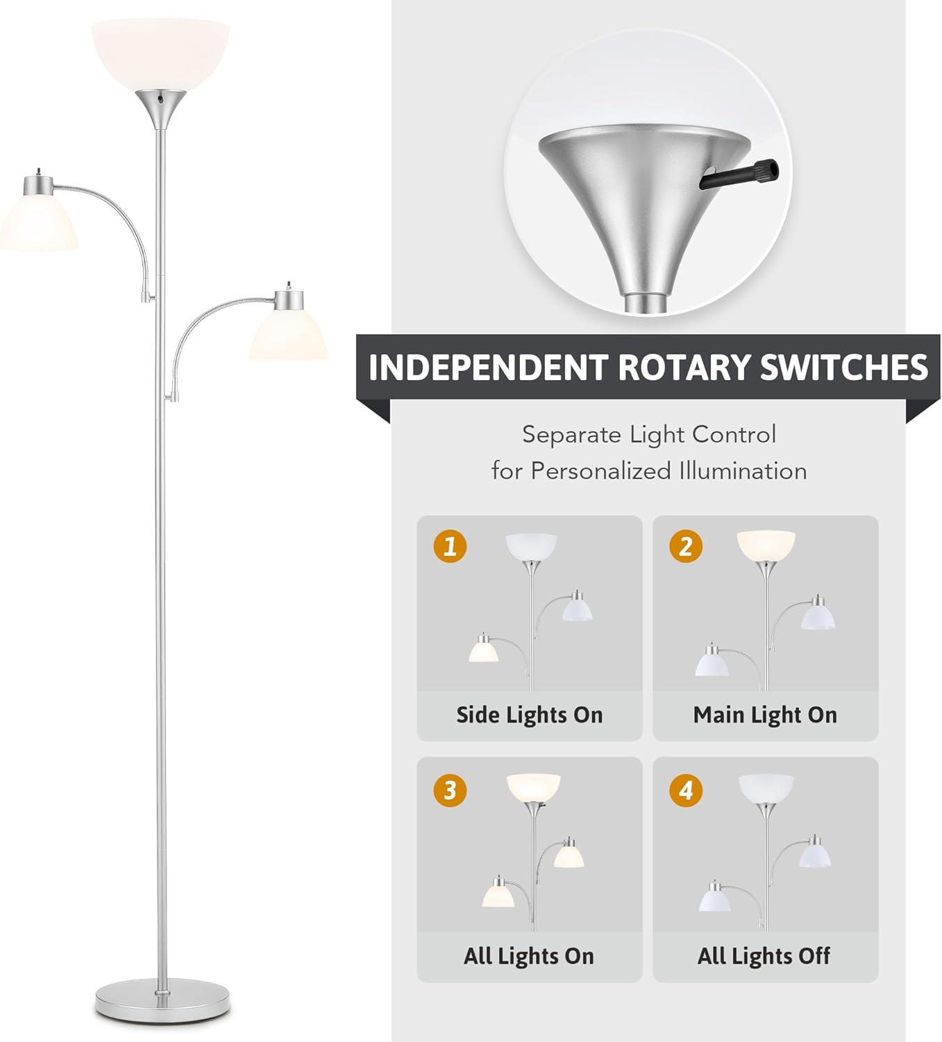 VONLUCE 71" Floor Lamp for Living Room with 3 Bulbs, Standing Lamp with Adjustable Reading Light, Modern Torchiere Floor Lamp with 3 Color Temperatures, Tall Lamp for Bedroom Corner, Nickel