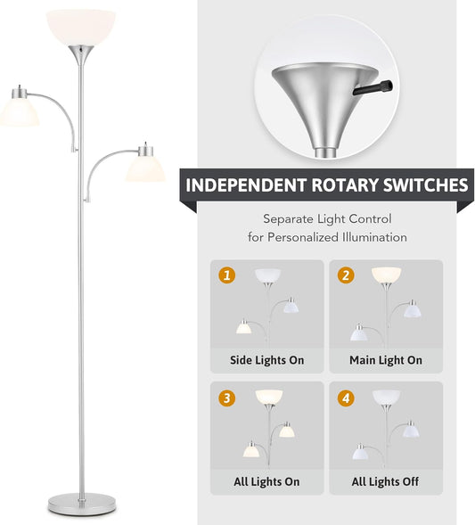 VONLUCE 71" Floor Lamp for Living Room with 3 Bulbs, Standing Lamp with Adjustable Reading Light, Modern Torchiere Floor Lamp with 3 Color Temperatures, Tall Lamp for Bedroom Corner, Nickel