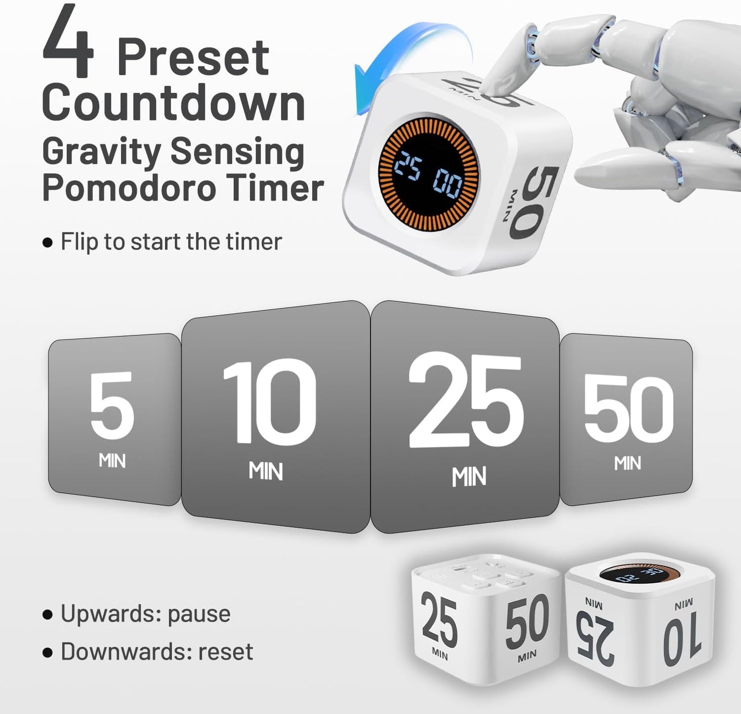 Rotating Pomodoro Timer, 5/10/25/50 Minutes, Countdown & Stopwatch, Desk Productivity, ADHD Tool Cube Flip Timer, Adjustable Silent, for Study, Work, Kitchen (White)