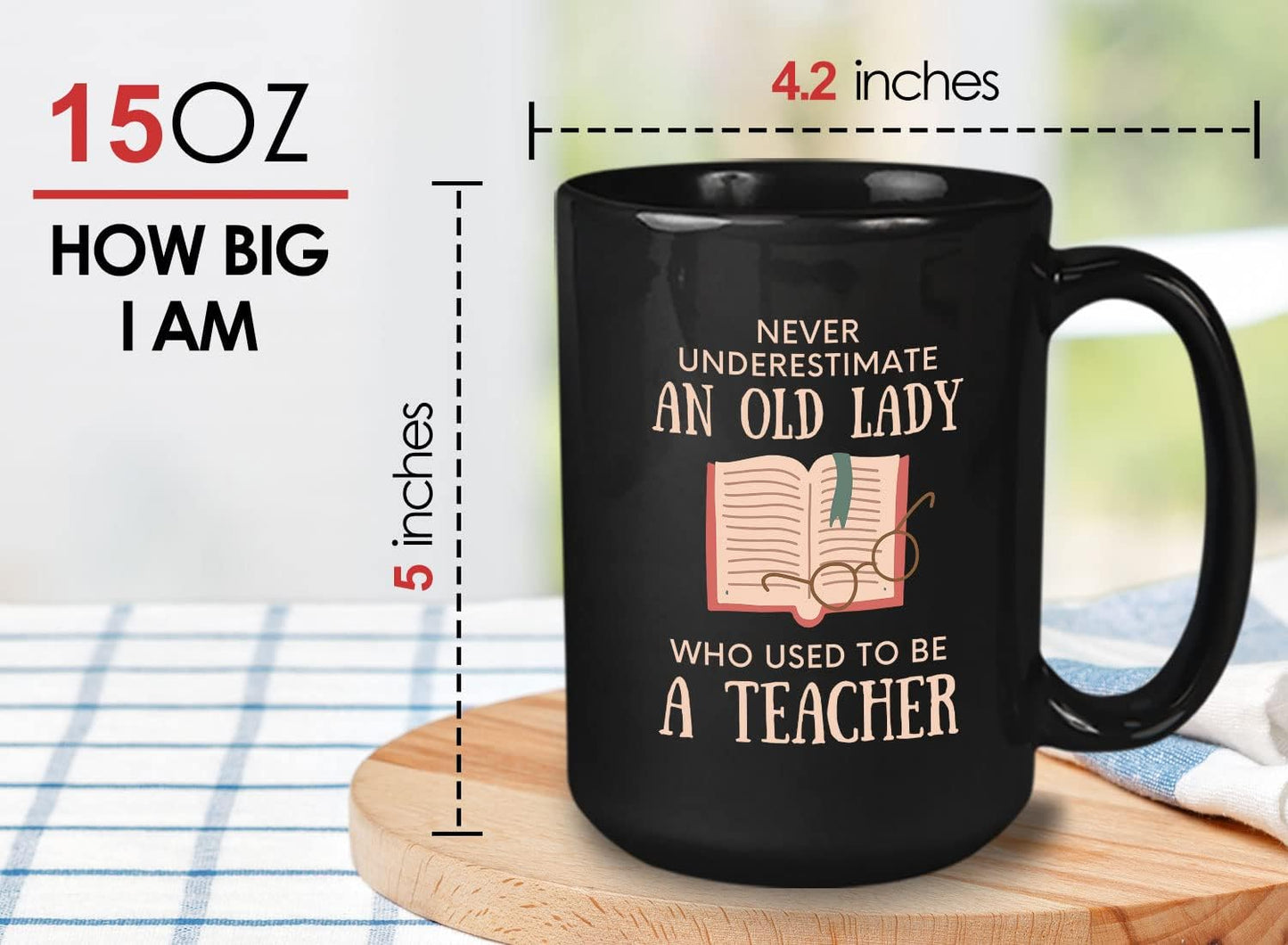 Bubble Hugs Book Lover Coffee Mug 15oz Black - Never Underestimate Old Lady - Reading Reader Grandma Retired Teacher Book Lover Bookish Novelist Librarian Writer