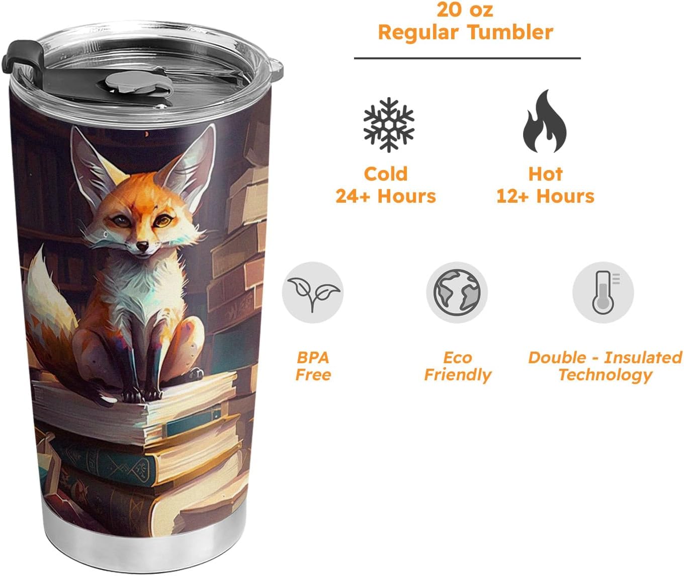 20oz Book Fox Tumbler, Librarian, Reading Gifts for Fox Lovers, Anniversary, Birthday Gifts, Coffee Tumbler for Women, Stainless Steel Double Wall Vacuum Insulated Coffee Mug, Travel Cup with Lid