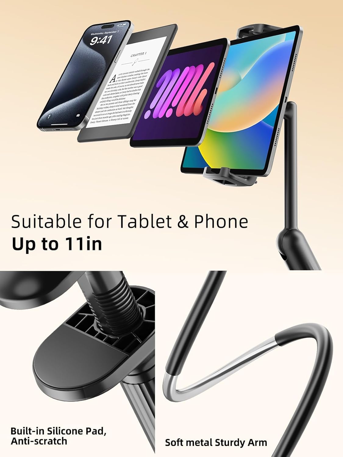SAIJI 47" Gooseneck Kindle Holder, Tablet Holder for Bed with Upgraded Base, iPad Stand with Flexible Lazy Arm, Compatible with iPad mini Pro Air, Kindle, Galaxy or Other 4.7-11" Device (Black)