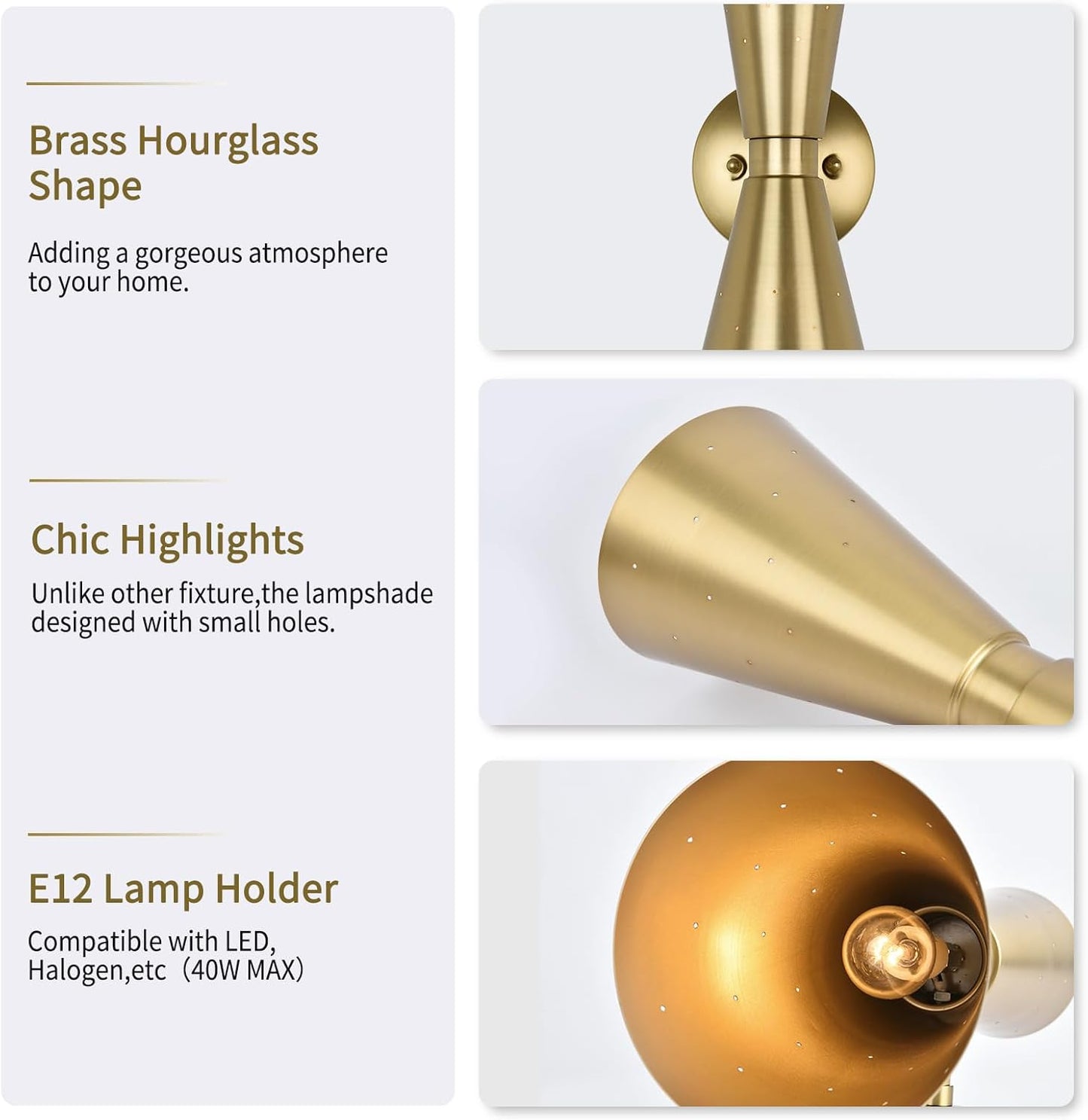 Brass Wall Sconce, Mid Century Modern Sconce Wall Lighting, Up Down Gold Wall Sconces E12 Base, Vintage Farmhouse Wall Lights Hardwired Wall Lamps for Bedroom Bathroom Living Room Staircase