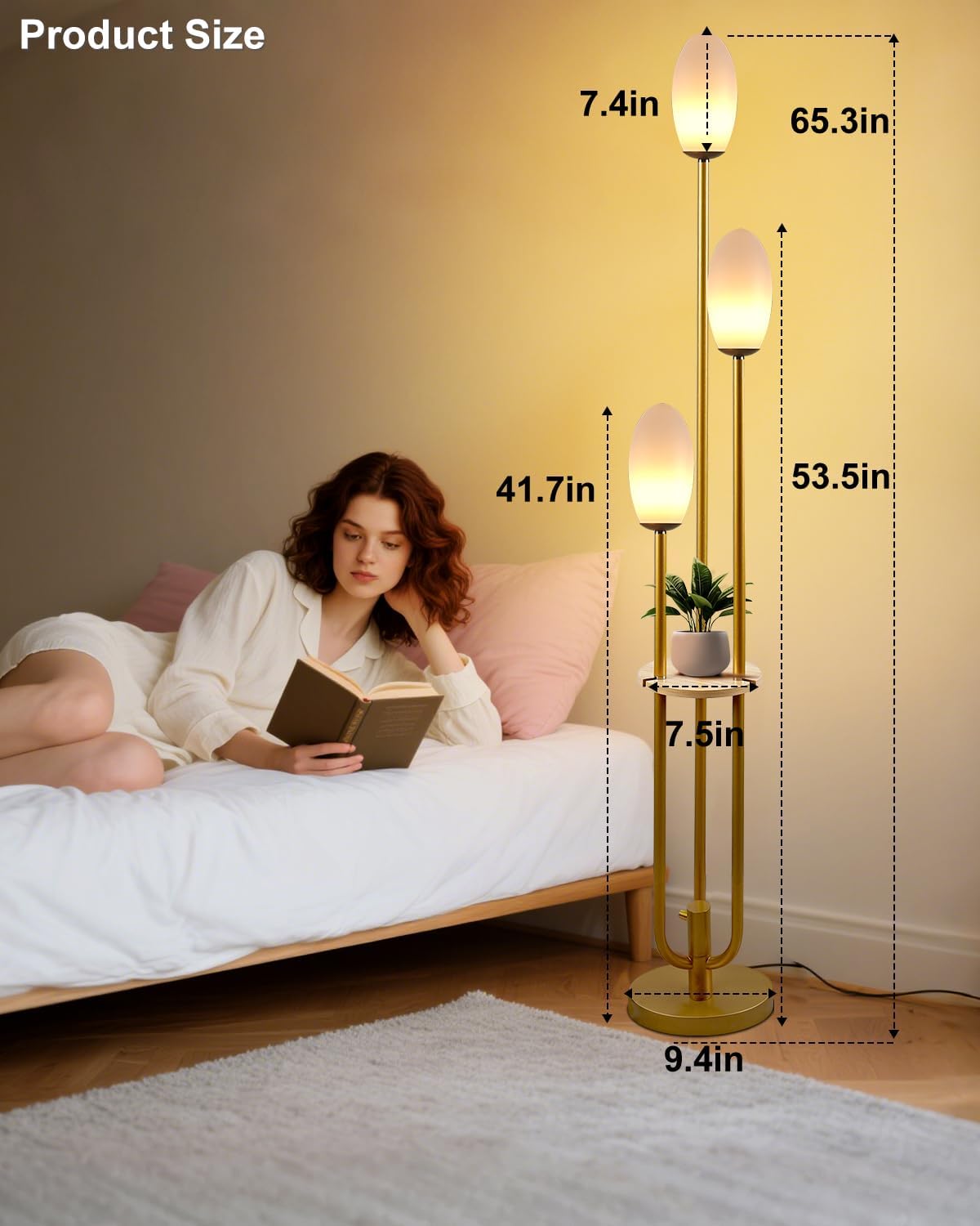 Gold Dimmable Floor Lamp with Table, Unique Candle Holder Style Tall Standing Lamps with 3000K G9 Bulbs for Reading, Mid Century Modern Floor Lamp for Living Room Bedroom Office
