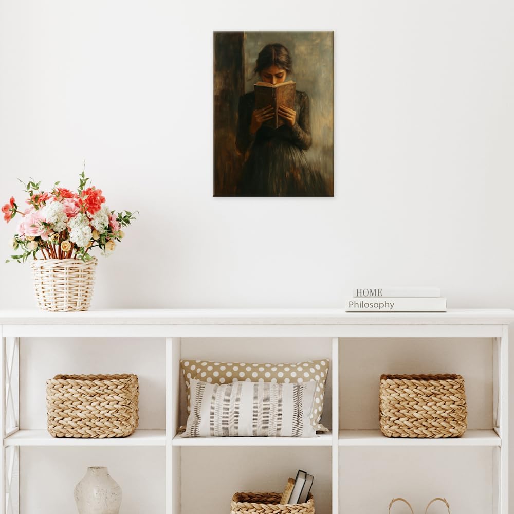 Dark Academia book wall art Decor Victorian Woman Reading Bookish Wall Art Print posters vintage book room library nook Decor Paintings Picture Moody Girl Aesthetic Poster 16x24in Wrapped Canvas