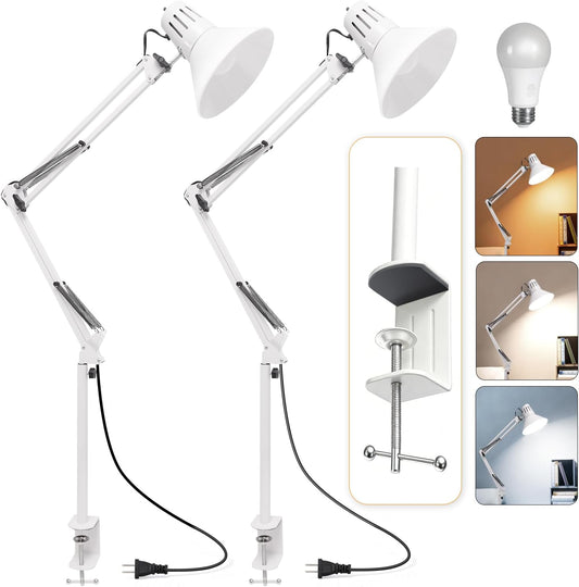 2 Pack LED Desk Lamp Dimmable with Clamp, Eye-Caring Clip on Lights for Home Office, 3 Adjustable Color Temperature, Extra Tall Metal Swing Arm, High Intensity Clamp w/A19 E26 Bulb for Working Reading