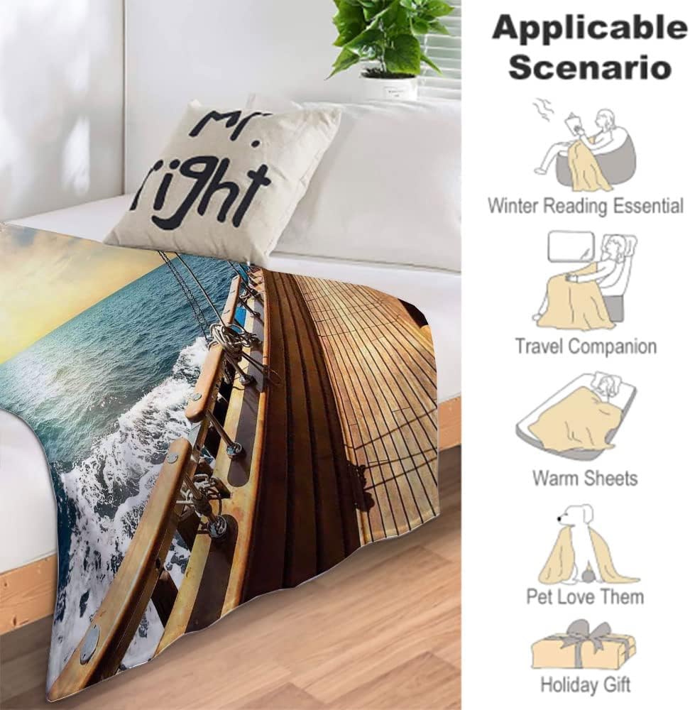 Flannel Blanket, Sailboat in Mediterranean Waves at Sunset, Keep WarmNautical Decor Throw Blankets, 60 x 80inches, Cozy Warm Soft Blanket for All Seasons, Cream Blue