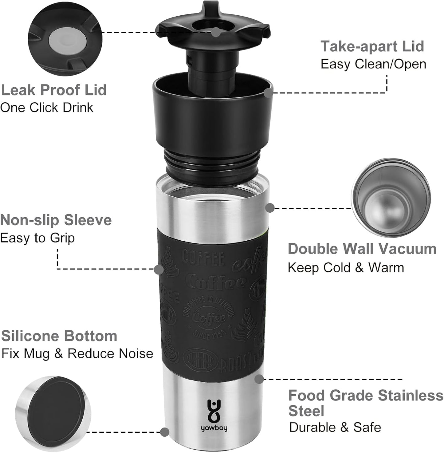 Travel Coffee Mug with 360°Lid, Travel Coffee Tumbler 16 oz Leak Proof, Stainless Steel Insulated Travel Mugs for Hot and Cold Spill Proof Leak Proof(Black)