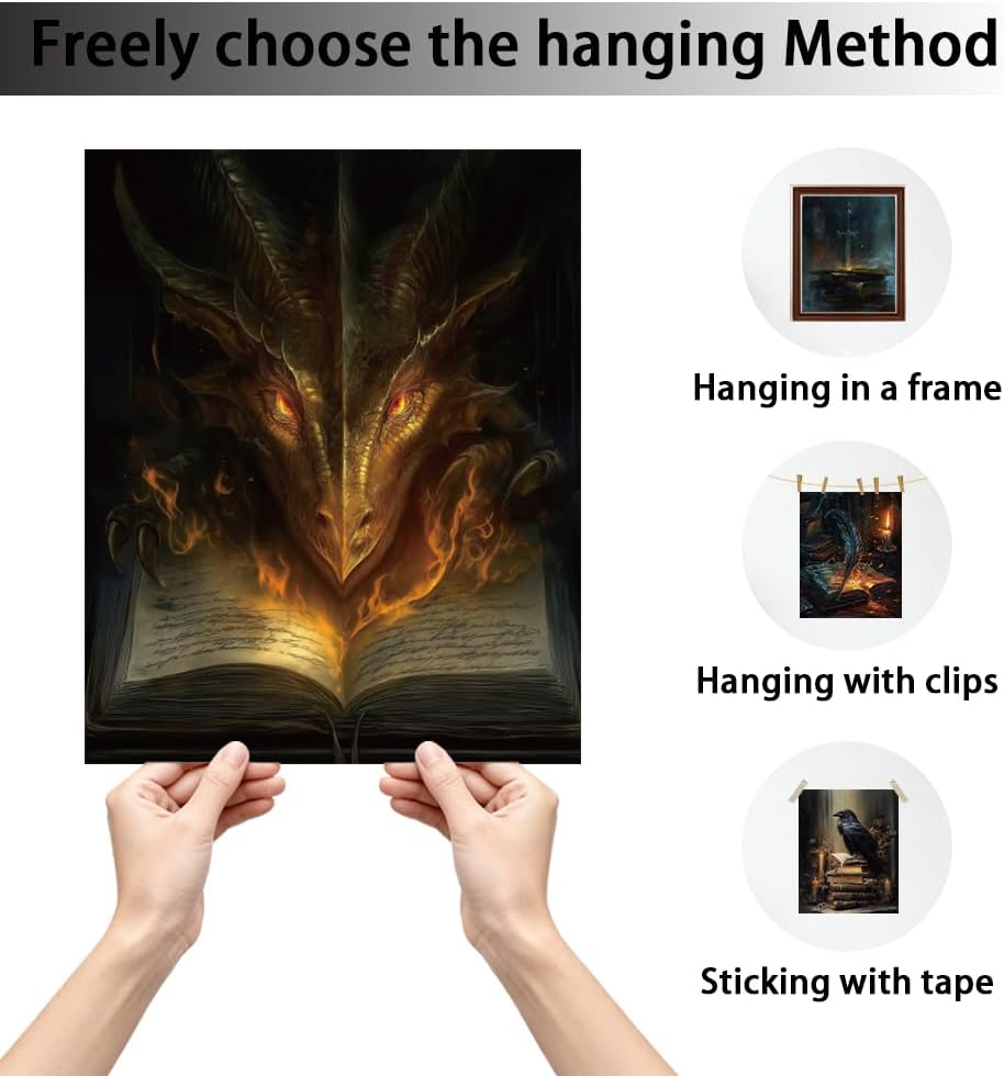 CRAFTYMELODY Book Dragon Bird Wall Art Prints Set of 4 Dark Style Fantasy Magic Poster Wall Decor Book Lover Artworks for Living Room Bedroom Classroom Office Decoration 8x10 Inch Unframed
