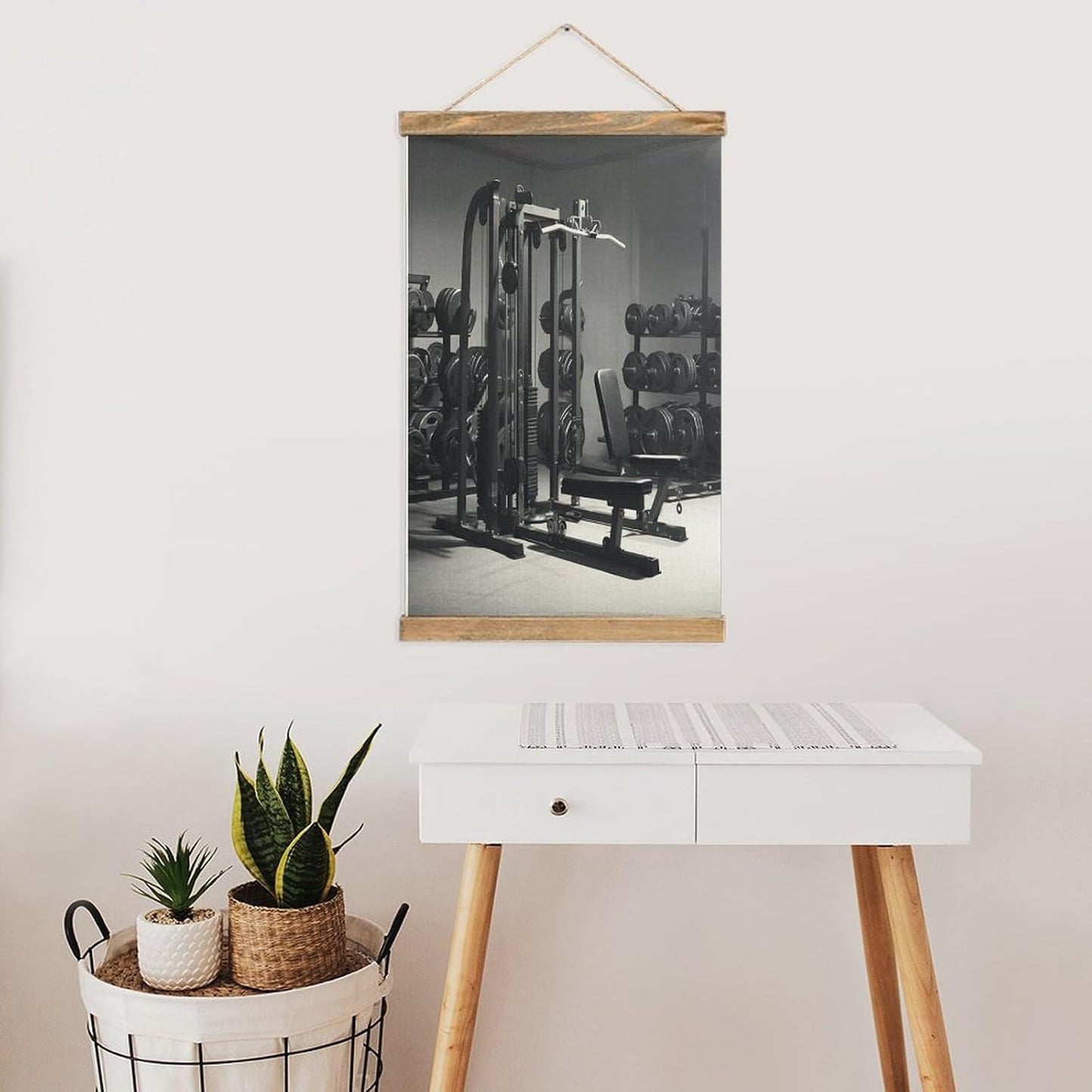 Vintage Gym Equipment Poster with Wooden Frame Personalized Linen Hanging Scroll Painting Rustic Wall Hanging Illustrative Modern Artwork Decor for Home Living Room Bedroom Office