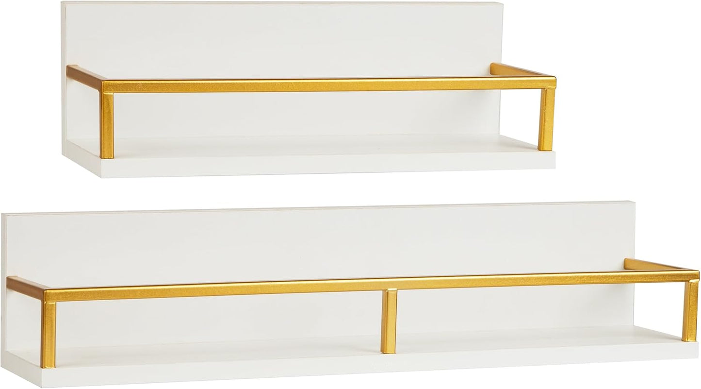 Mind Reader Floating Shelves, Wall-Mounted Office Organizers, Modern MDF Display Storage with Metal Rail, Metal. MDF, Set of 2, White