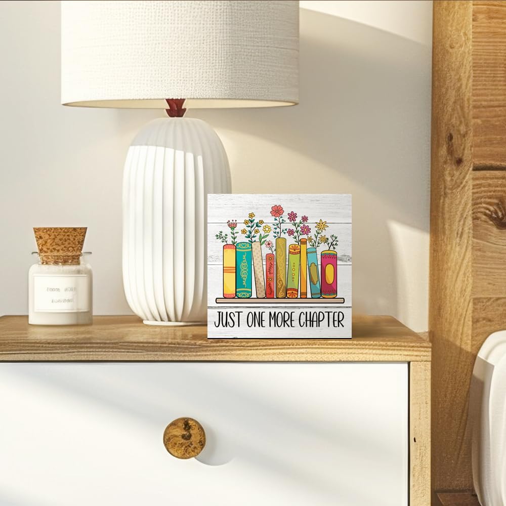 Just One More Chapter Bookish Wooden Box Sign, Bookish Desk Decor for Home Office Bathroom Library Shelf Bookshelf Wall, Book Lover Gifts for Readers Friends Sister, Reading Nook Sign