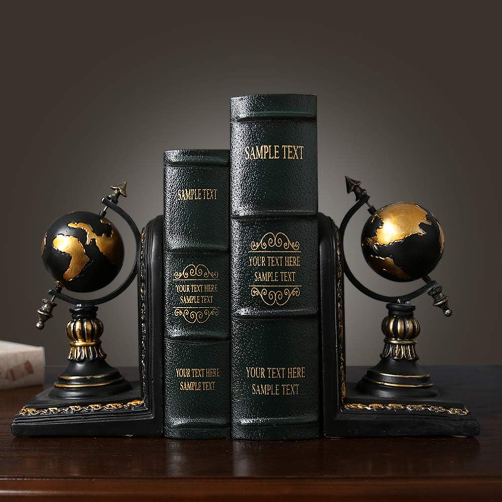 TimeStamp Decorative Bookends,Rustic Unique Globe Book Ends Stoppers Holder Nonskid for Home Shelves,Polyresin,4.5 x 5 x 8 Inches,(Set of 2)