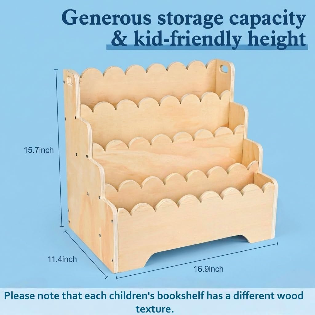 Small Wooden Bookshelf 4-Tier, Natural Pine Wood Kids Bookshelf, Scalloped Toddler Book Shelf, Baby Nursery Book Shelf, Display Front Facing Montessori Book Case for Children Room Playroom