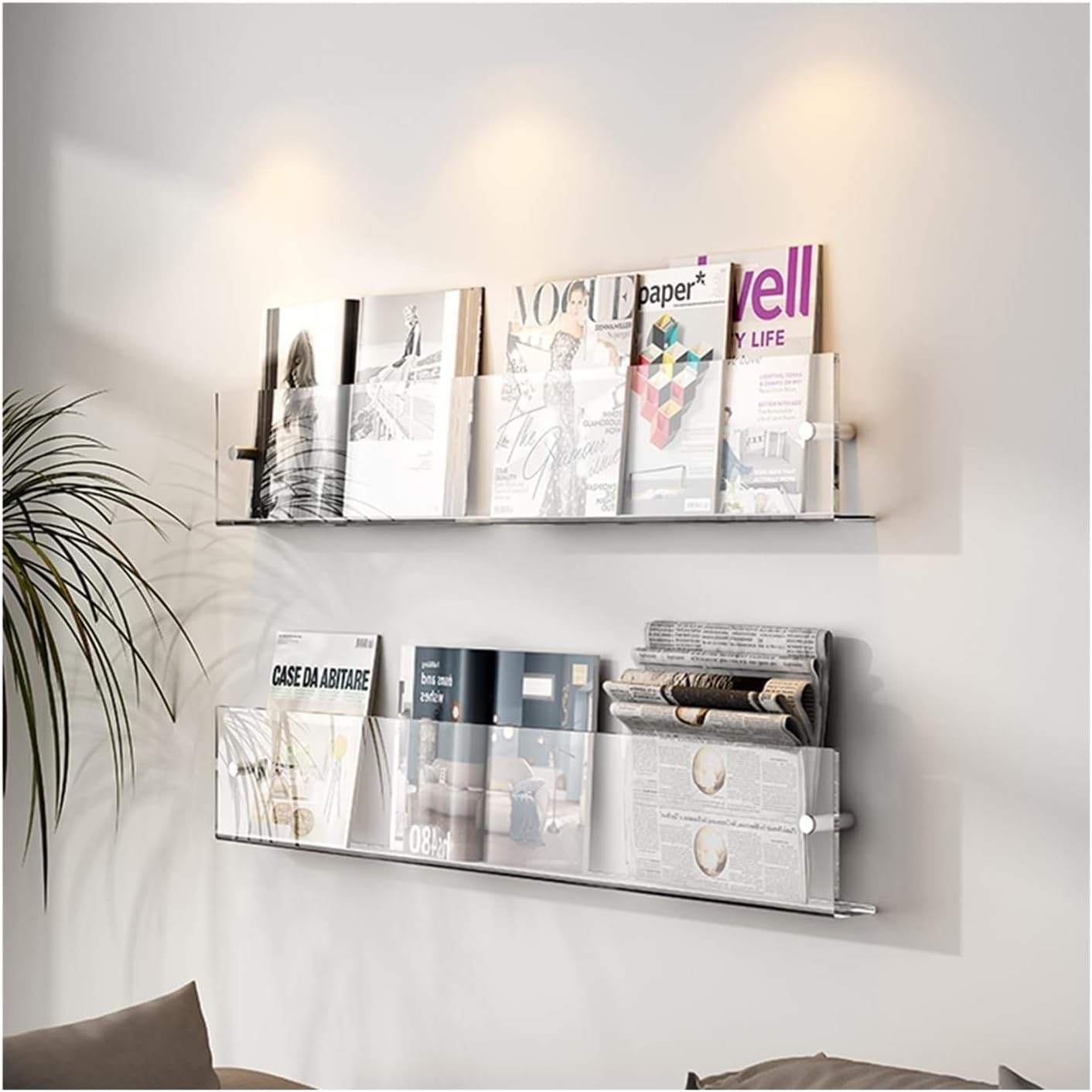 Acrylic Wall Magazine Rack,Clear Brochure Holder Adjustable for Storage Show Vinyl Record Newspaper Comic File, Transparent Hanging Bookshelf for Office Bathroom,White,90cm