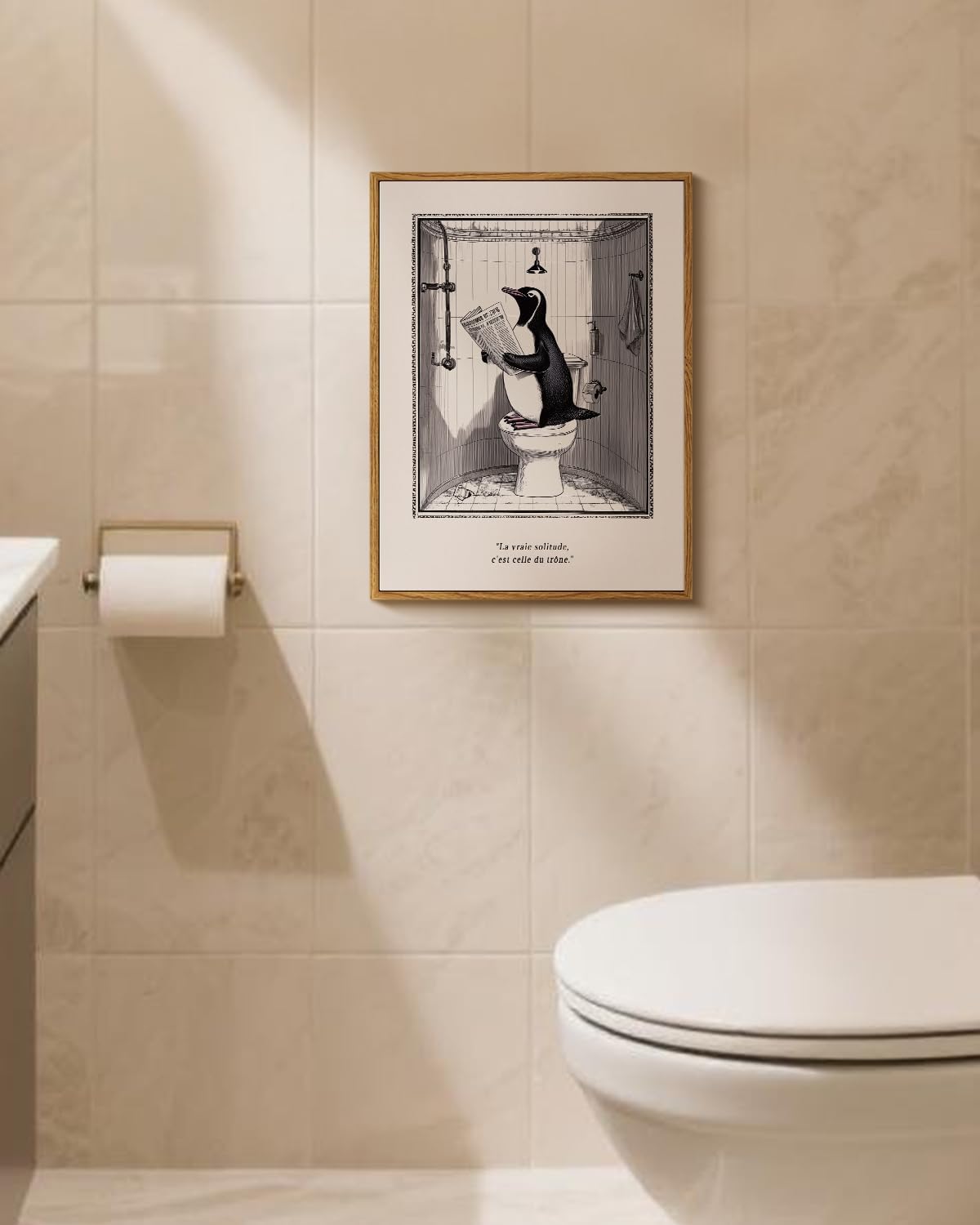 WHASAYART Funny Penguin Reading Newspaper on Toilet Wall Art, 12x16 Framed Canvas Print French True Solitude Is on the Throne Quote Artwork, Humorous Restroom Bathroom Office Men’s Cave Decor