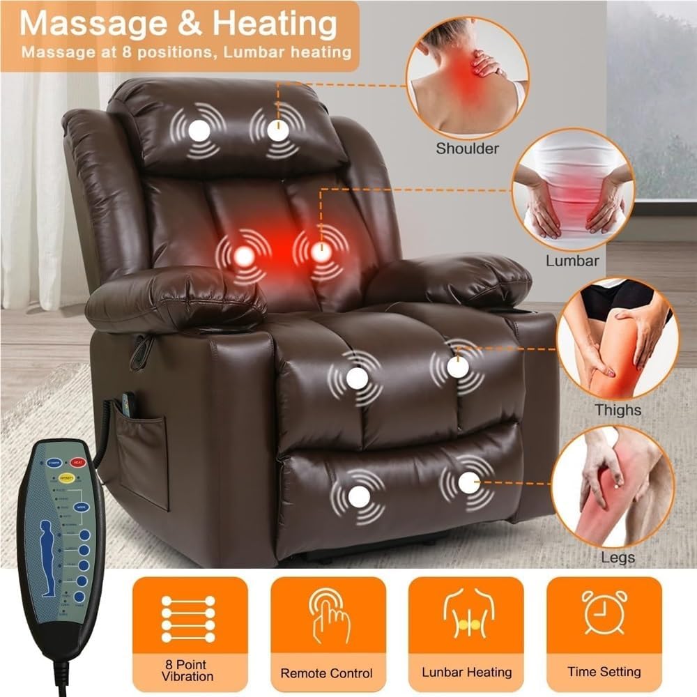 Brown Leather Power Recliner Chair for Adults, Electric Single Sofa with USB Charging Port & Padded Headrest, Modern Home Theater Seating for Living Room