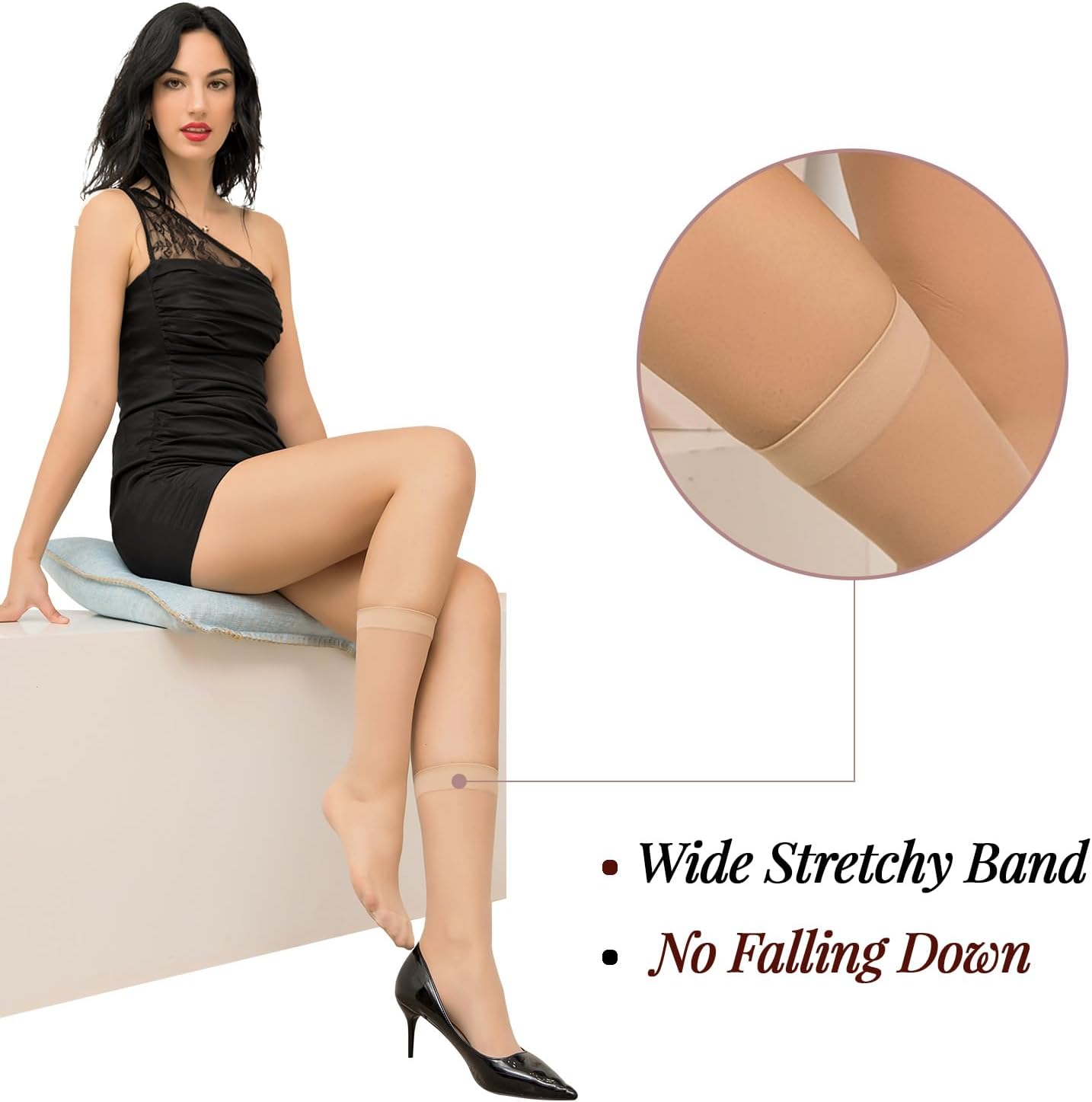 6 Pairs Knee High Stockings for Women, 20 Denier Nylon Sheer Socks with Reinforced Toes Black Nude One Size