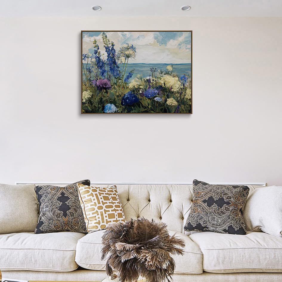 Floral Canvas Wall Art Blue Purple Flowers Ocean View Wall Decor Coastal Prints Nature Posters Abstract Painting Framed Artwork For Living Room And Bedroom And Office Space My Home Decor 16x24 Inches