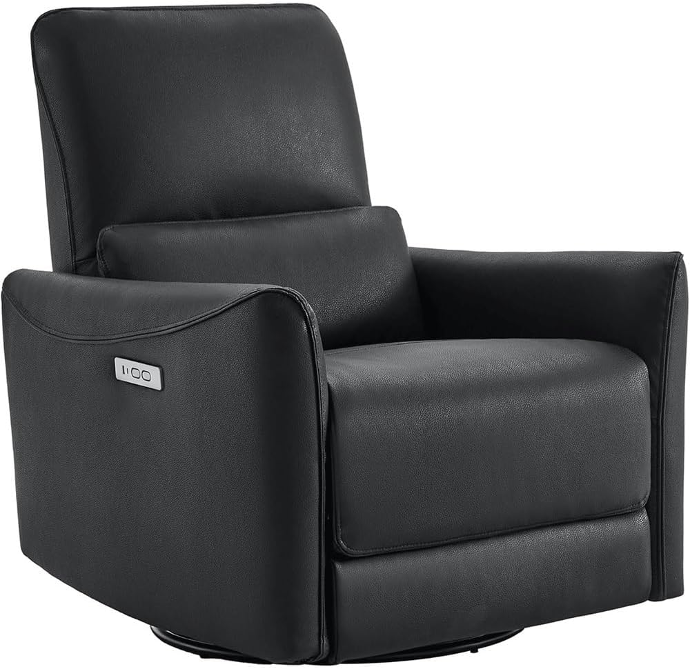 Black Power Swivel Rocker Recliner Chair with Lumbar Support, Easy Clean Leather Oversized Electric Armchair, Modern Home Theater Seating
