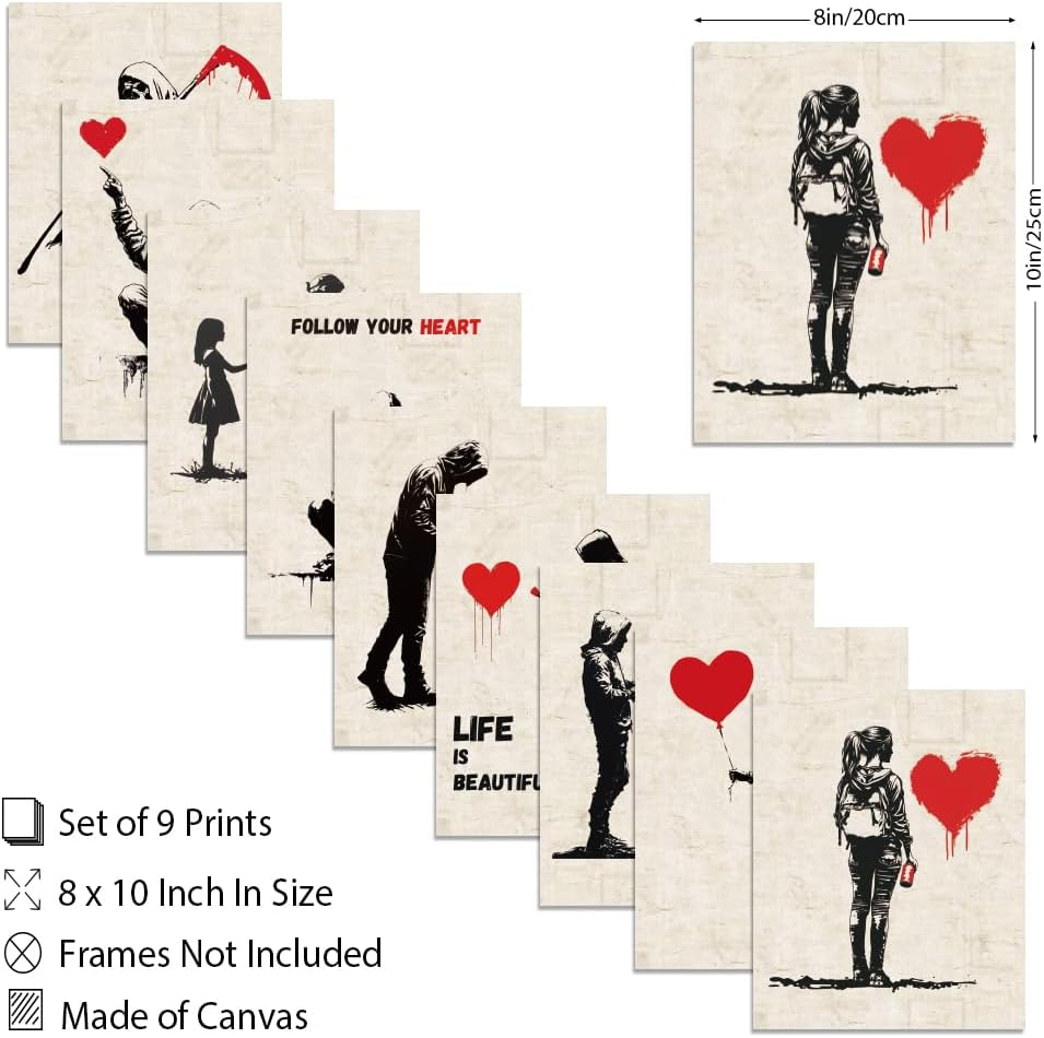 WEBEEDY 9 Styles Banksy Wall Art Vintage Red Heart Prints with for Wall Decor Aesthetic Graffiti Poster Boho Unframed Canvas Wall Art for Living Room Bedroom Office Home Decoration, 20x25cm/8x10''