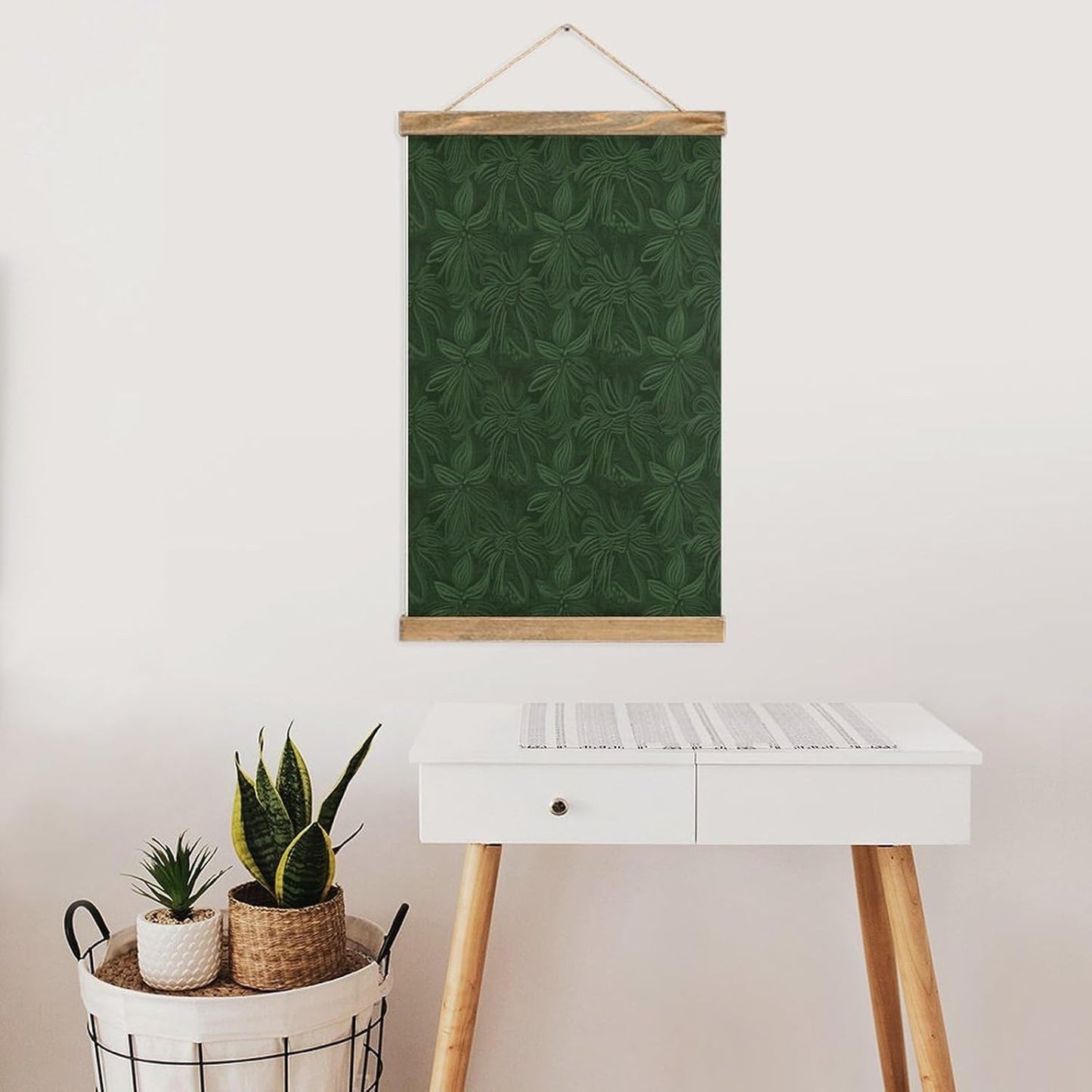 Vintage Hunter Green Floral Petals Pattern Poster with Wooden Frame Personalized Linen Hanging Scroll Painting Rustic Wall Hanging Illustrative Modern Artwork Decor for Home Living Room Bedroom Office