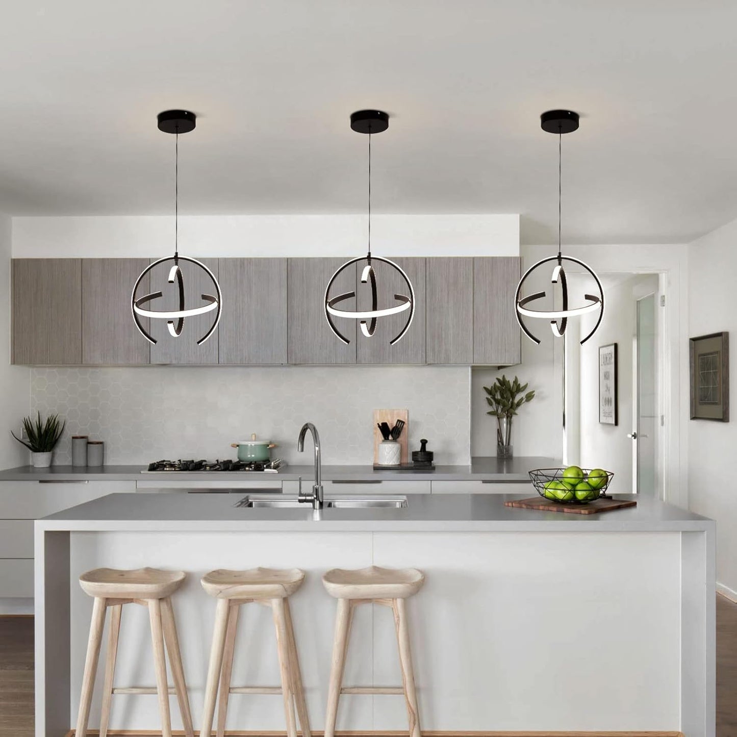 Black Modern LED Chandeliers, Dimmable Globe Pendant Lights Fixture, 13" Metal Adjustable Hanging Lamps are Suitable for Kitchen lsland, Dining Room Bedroom Foyer Hallway Stairway