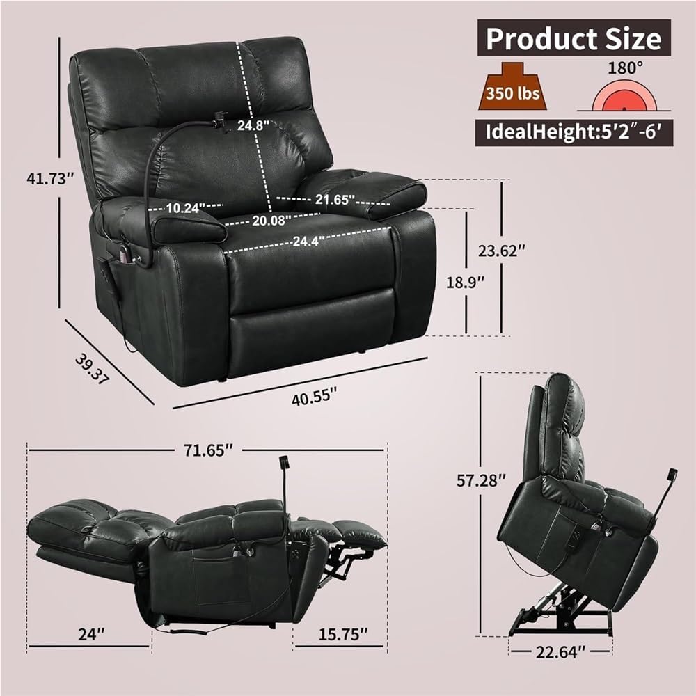 Dual Motor Power Lift Recliner Chair for Elderly, 180° Lay Flat Electric Reclining Sofa with Heat and Massage, Breathable Leather, Remote Control, Cup Holders