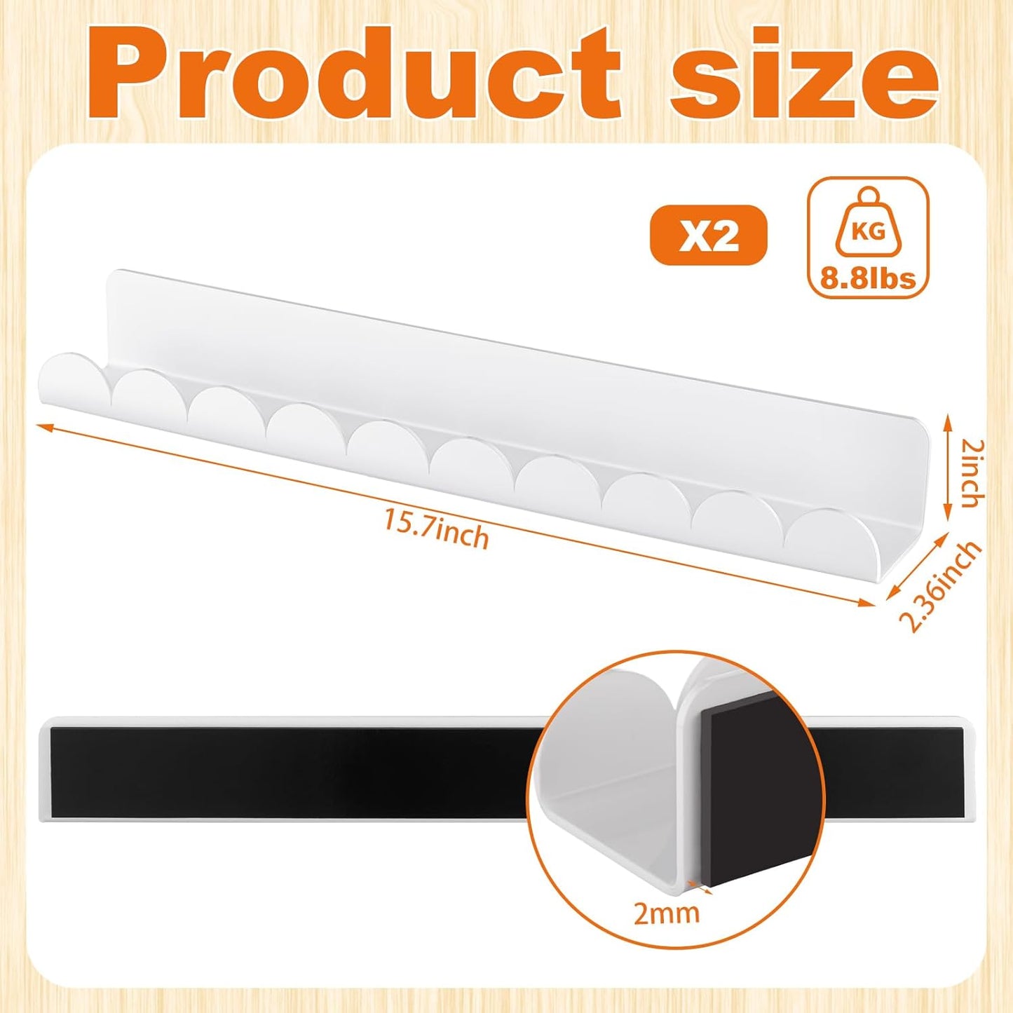 2 Pcs Scalloped Magnetic Book Shelf for Whiteboard 15.8 Inch Reusable Acrylic Floating Bookshelves Magnetic Book Jar Holder for Whiteboard Refrigerator Office Teacher Kitchen