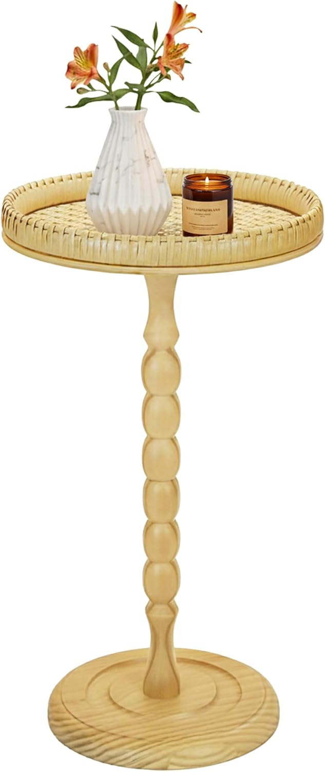 Drink Table,21" H Rattan Small Side Table with Solid Wood Leg Stand, Boho Accent Cocktail Tables for Small Spaces,Round End Table for Living Room,Bedroom and Corners