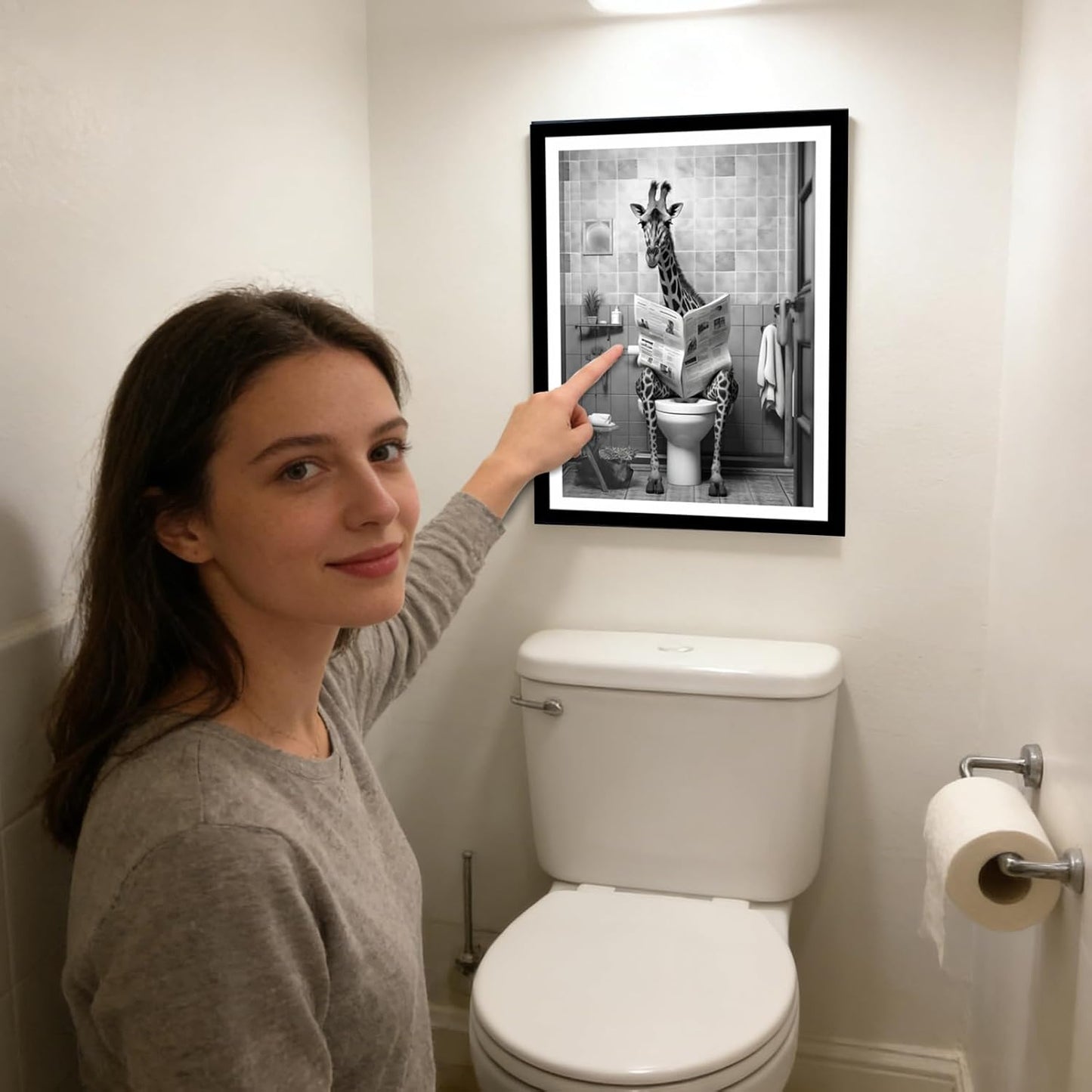 Giraffe Bathroom Decor, Funny Animal Canvas Prints, Humor Poster of Giraffe Reading Newspaper on Toilet for Bathroom, Restroom, Washroom, Hotel, Apartment