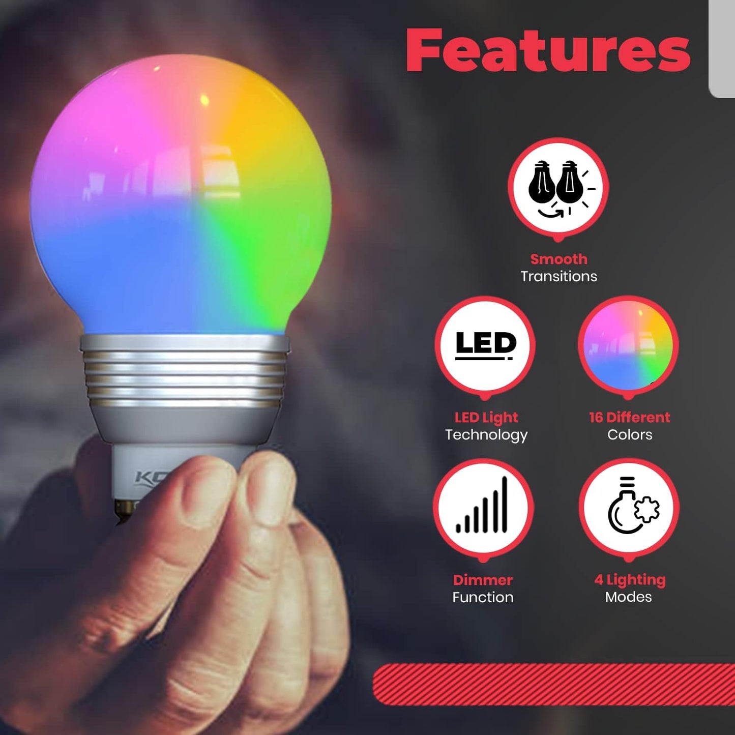 Kobra LED Color Changing Light Bulb with Remote Control - 16 Different Color Choices Smooth, Fade, Flash or Strobe Mode - Smart Remote Lightbulb -RGB & Multi Colored