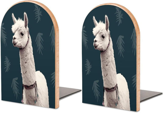 Alpaca Llama Bookends 1 Pair Heavy Duty Book Ends for Shelves Non-Skid Bookend Supports Wooden Book Holders with Metal Base Desk Organizers Books Storage to Hold Books